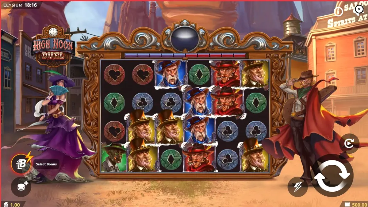 Isang visual na representasyon ng High Noon Duel slot na nagpapakita ng Wild West theme at mga karakter na sina Pistol Belle at The Iron Cowboy.